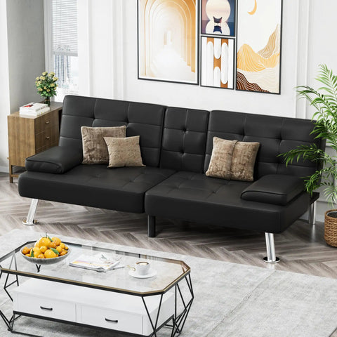 Ultra Comfy Leather Look Futon Sofa Bed With Removable Armrests And Adjustable Recliner Sleeper Sofa With Dual Cup Holders Modern Chrome Legs Premium Faux PU Leather Great For Living Room Apartment Or Office Black