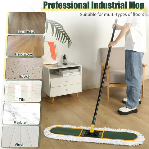 Heavy Hitting Commercial Cotton Dust Mop With Massive 39 Inch Sweeping Pad And Rock Solid Handle in use on hardwood floor.