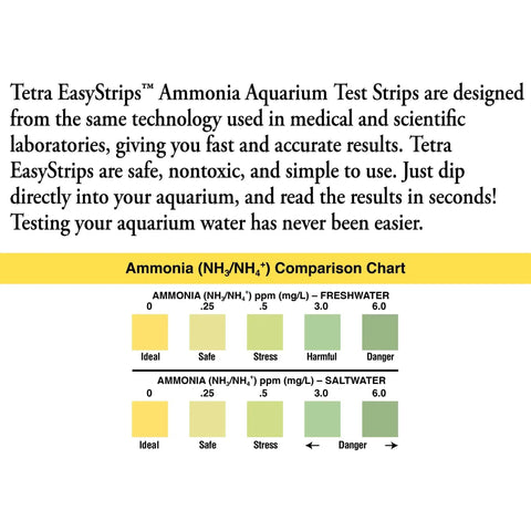 Comparison chart for Tetra EasyStrips Ammonia Aquarium Test Strips showing safe and harmful levels for freshwater and saltwater.