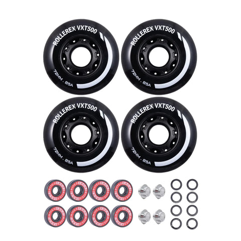 VXT500 Inline Skate Wheels 4 Pack With Optional Bearings Spacers And Washers Durable Replacement Roller Blade Wheels For Indoor And Outdoor Skating 72mm Steel Black