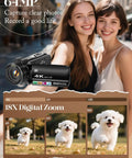 4K Video Camcorder For YouTube Vlogging With 64MP Photos, 18x Digital Zoom, showing clear photos of people and a dog.