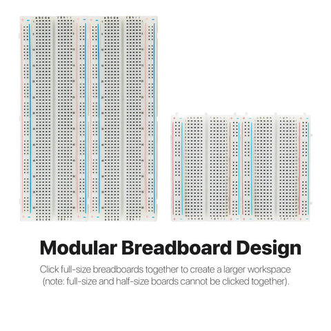 Modular design of All In One Solderless Breadboard Power Kit With 2 Full Size 830 Tie Point Boards And 2 Half Size 400 Tie Point Boards.
