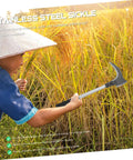 Person using Long Handle Garden Sickle for weeding with manganese steel blade and wooden handle in a rice field.