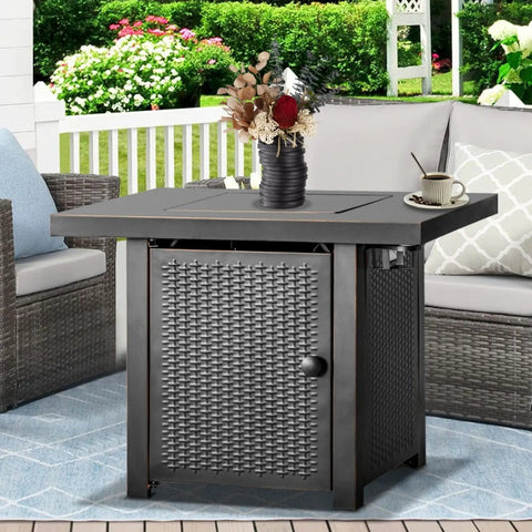 32 Inch Propane Fire Pit Table With Two Drink Holders Lid And Lava Rock 50000 BTU Outdoor Gas Fire Pit For Patio Garden Yard Dining And Backyard Parties.