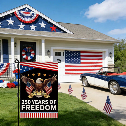 House with Patriotic Garden Flag Celebrating 250 Years Of Freedom With Eagle Design For Fourth Of July Double Sided Waterproof 12 By 18 Inch USA Flag Banner For Lawn Or Yard Decor displayed