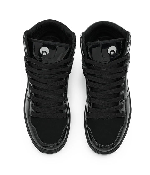 Top view of Clone Black Patent Silver Men's Skate Shoes Size 10 Medium with reinforced high abrasion uppers for rugged durability.