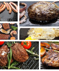 Reversible Cast Iron Grill Griddle With Double Sided Grill Pan showcasing meats and eggs cooking on ribbed and flat surfaces
