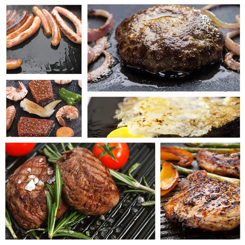 Reversible Cast Iron Grill Griddle With Double Sided Grill Pan showcasing meats and eggs cooking on ribbed and flat surfaces