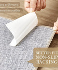 No Slip Rug Tape For Rubber Backed Rugs 12 Pack Anti Slip Rug Grips Stickers being applied to rug corner for secure fit