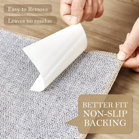 No Slip Rug Tape For Rubber Backed Rugs 12 Pack Anti Slip Rug Grips Stickers being applied to rug corner for secure fit