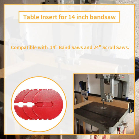 Pro Grade Aluminum Table Inserts For 14 Inch Band Saws And Scroll Saws 2.5 Inch Diameter 0.1 Inch Thick Fits Delta Rockwell And More Replace Part 426-02-063-0001 426-02-063-0002 3 Pack, shown in red on a wood band saw table.