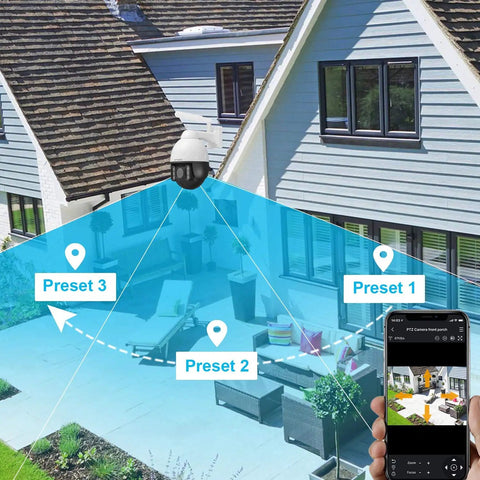 2K 3MP Auto Tracking PTZ Security Camera with WiFi over a house patio, presets displayed on smartphone app