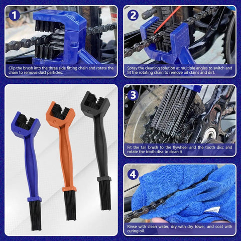 Four Piece Bike Chain Washer Cleaner Set With Four Color Brushes For Bikes And Motorcycles Crankset Scrub Tool in use