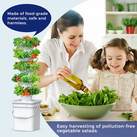 Hydroponics Growth System Kit With 5 Layer Vertical Tower And 30 Planting Holes Space Saving Indoor Outdoor Garden, woman and child preparing salad