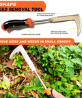 L-shaped weed removal tool from 3-In-1 Weed Puller Set With 4-Tine Uprooter And Crevice Weeder on grass, ergonomic handle visible.