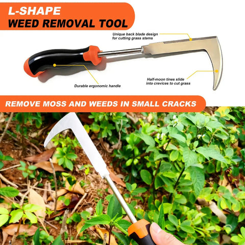 L-shaped weed removal tool from 3-In-1 Weed Puller Set With 4-Tine Uprooter And Crevice Weeder on grass, ergonomic handle visible.