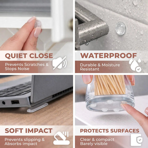 Skip Annoying Door Slams Cabinet Bumpers And Self Adhesive Silicone Furniture Pads In One Massive Variety Kit showing waterproof, quiet close, and soft impact features.