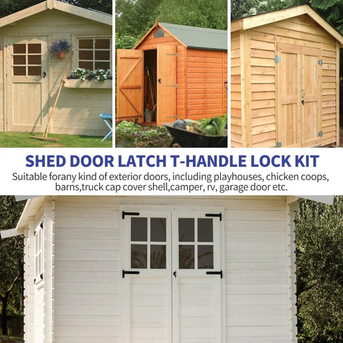 Lock It Down Shed Door Lock Latch 2 Pack Built Tough For Barns Garages And Sheds features various shed doors with T-handles.