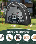 Portable Outdoor Bike Storage Shed Tent Made With 210D Oxford Fabric PU4000 Waterproof Coating And Silver Shield, Sturdy 9mm Fiberglass Poles, Fits 1 To 4 Bikes, Doubles As Lawn Mower And Garden Tools Cover Shelter, No Fuss Setup displayed on lawn with dimensions illustrated, bike inside for scale.