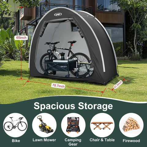 Portable Outdoor Bike Storage Shed Tent Made With 210D Oxford Fabric PU4000 Waterproof Coating And Silver Shield, Sturdy 9mm Fiberglass Poles, Fits 1 To 4 Bikes, Doubles As Lawn Mower And Garden Tools Cover Shelter, No Fuss Setup displayed on lawn with dimensions illustrated, bike inside for scale.
