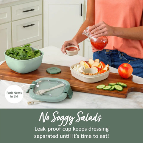 Salad On The Go Meal Prep Kit With 54 Oz Bowl Four Compartment Toppings Tray Leak Proof Dressing Container Reusable Fork BPA Free Lunch Box Removable Bento Tray Khaki Green