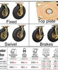 Real Deal Heavy Duty Caster Wheels Eight And Ten Inch Swivel Brake Outdoor Casters For Yard Cart Hauling One Thousand One Hundred Pound Load Rating Smooth Roll Rubber Tires Mounting Kit - fixed, swivel, brakes comparison with dimensions
