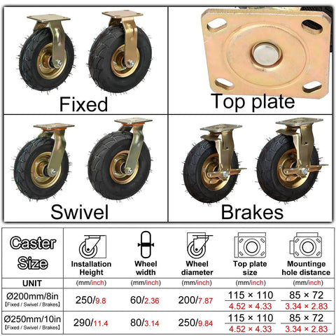 Real Deal Heavy Duty Caster Wheels Eight And Ten Inch Swivel Brake Outdoor Casters For Yard Cart Hauling One Thousand One Hundred Pound Load Rating Smooth Roll Rubber Tires Mounting Kit - fixed, swivel, brakes comparison with dimensions