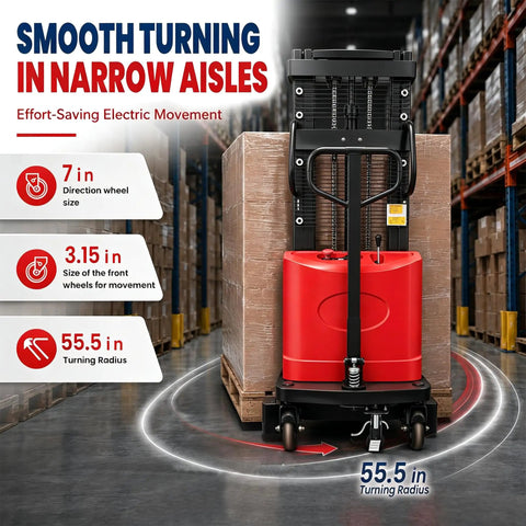 Heavy Duty Semi Electric Pallet Stacker Delivering 3300 Lbs Capacity High Lift Industrial Warehouse Jack navigating tight corners.