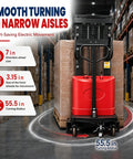 Heavy Duty Semi Electric Pallet Stacker Truck With 3300 Lb Capacity And 94.8 Inch Max Lift Height showcasing narrow aisle movement features.
