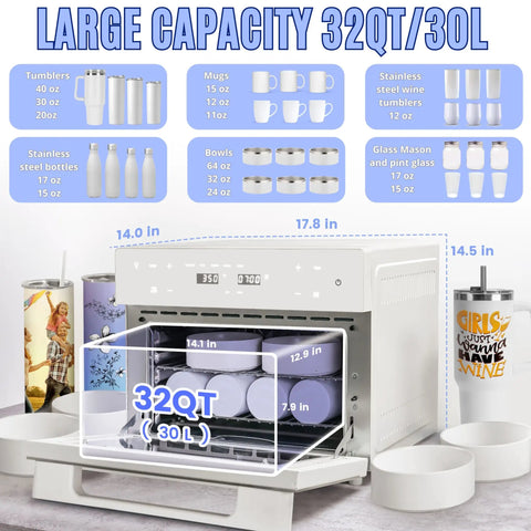 32Qt Side Hustle Essential Convection Sublimation Oven Running Custom Drinkware Crafts Smooth With 1800W Quick Heat Plus Hot Air Gun, displaying capacity and design.