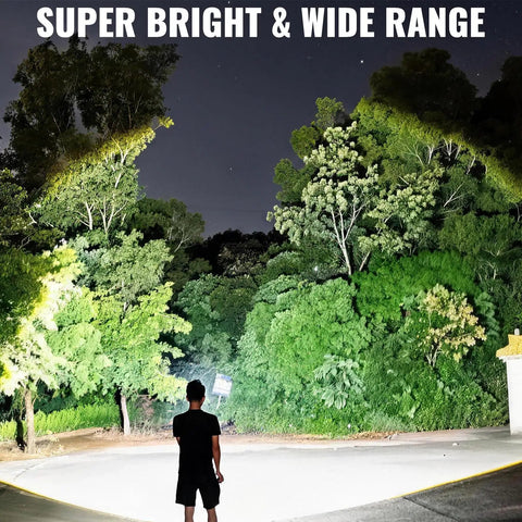 Person using Rechargeable Spotlight 2,000,000 Lumen Handheld Searchlight With Foldable Tripod lighting up trees at night.