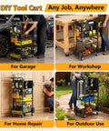 Heavy Duty Four Tier Metal Rolling Tool Cart With Pegboard And Storage Baskets For Garage And Shop Use Mobile Tool Organizer Keeps Tools And Parts In Reach For DIY Projects, shown in various settings including garage, workshop, home repair, and outdoors
