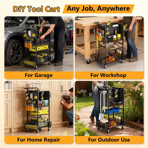 Heavy Duty Four Tier Metal Rolling Tool Cart With Pegboard And Storage Baskets For Garage And Shop Use Mobile Tool Organizer Keeps Tools And Parts In Reach For DIY Projects, shown in various settings including garage, workshop, home repair, and outdoors