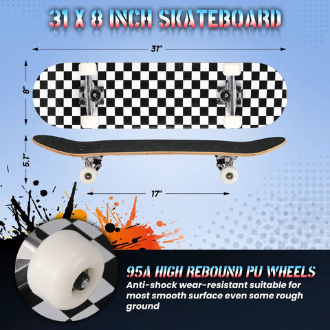 Beginner Friendly 31x8 Skateboard Deck With Double Kick And 7 Layer Canadian Maple, Checkerboard Style, Side and Bottom View