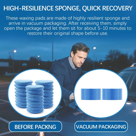 18 Pack 5 Inch Car Wax Applicator Pads Set with foam microfiber shown in vacuum packaging before use, ideal for quick buffing.