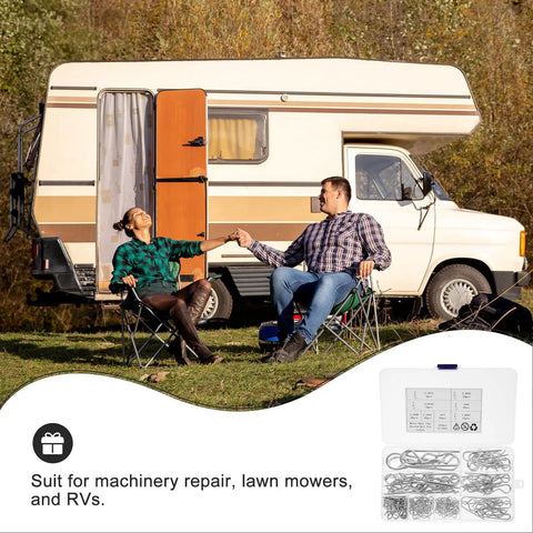Couple camping with RV and 125 Piece Stainless Steel Spring Retainer Cotter Pin Set for machinery repairs and preventing loosening