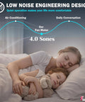 Woman and child sleeping peacefully illustrating low noise engineering design at 4.0 sones for beefed up motor assembly use.