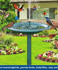 28 Inch Tall Outdoor Bird Bath With Solar Water Fountain Plastic Retro Green Bird Bath For Garden Lawn Yard And Patio Decor Go To Garden Decor 2 In 1 Bird Bath And Fountain Set shown in a garden setting with birds and flowers.