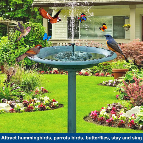 28 Inch Tall Outdoor Bird Bath With Solar Water Fountain Plastic Retro Green Bird Bath For Garden Lawn Yard And Patio Decor Go To Garden Decor 2 In 1 Bird Bath And Fountain Set shown in a garden setting with birds and flowers.