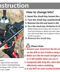 Instructions for Impact Driver Ready Drill Chuck Adapter With 1/4 Inch Quick Change Hex Shank, showing bit change process.
