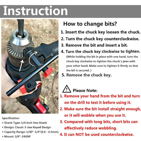 Instructions for Impact Driver Ready Drill Chuck Adapter With 1/4 Inch Quick Change Hex Shank, showing bit change process.