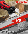 Cordless Chainsaw Sharpener Kit With 8V Motor And 2500mAh Battery Includes Six Titanium Coated Diamond Drill Bits And Angle Guide On The Go Electric Chainsaw Sharpener For Quick Onsite Chain Maintenance showing sharpening of chainsaw blade.