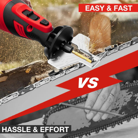 Cordless Chainsaw Sharpener Kit With 8V Motor And 2500mAh Battery Includes Six Titanium Coated Diamond Drill Bits And Angle Guide On The Go Electric Chainsaw Sharpener For Quick Onsite Chain Maintenance showing sharpening of chainsaw blade.
