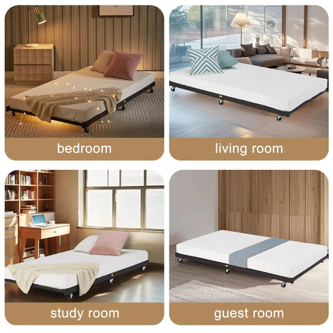 Heavy Duty Twin Trundle Bed Frame Built Tough For Casual Hangouts And Epic Sleepovers Featuring Roll Out Guest Sleeping Platform Base Zero Sag Steel Slats And Easy Glide Lockable Casters Black in bedroom, living room, study room, and guest room settings.