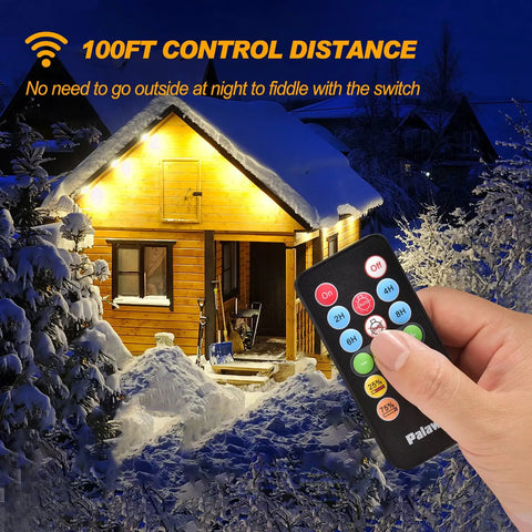 Hand holding remote for Outdoor String Light Dimmer Switch With 600W Capacity, 100 Foot Remote, dusk-lit snowy cabin scene