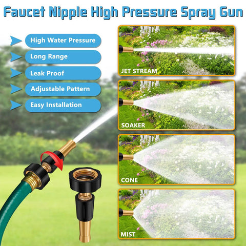 Faucet nipple high pressure spray gun with adjustable patterns including jet stream, soaker, cone, and mist for garden use.