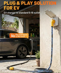 Heavy Duty 12 Awg Flat Extension Cord 10 Ft Outdoor Sjtw Power Adapter 3 Prong Nema 5 15P To 20R 6 15 20R Ac Outlet connected to EV charger.