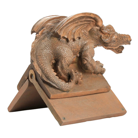 Winged Dragon Roof Cresting Sculpture In Terra Cotta, Hand Cast Stone Resin Ornament For Roofline Or Garden, side view