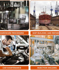 Collage: hardware processing machine, ship under repair in dock, man fixing car engine, injection molding machine.