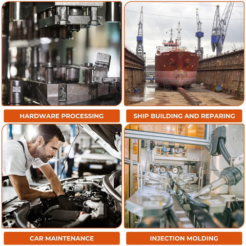 Collage: hardware processing machine, ship under repair in dock, man fixing car engine, injection molding machine.